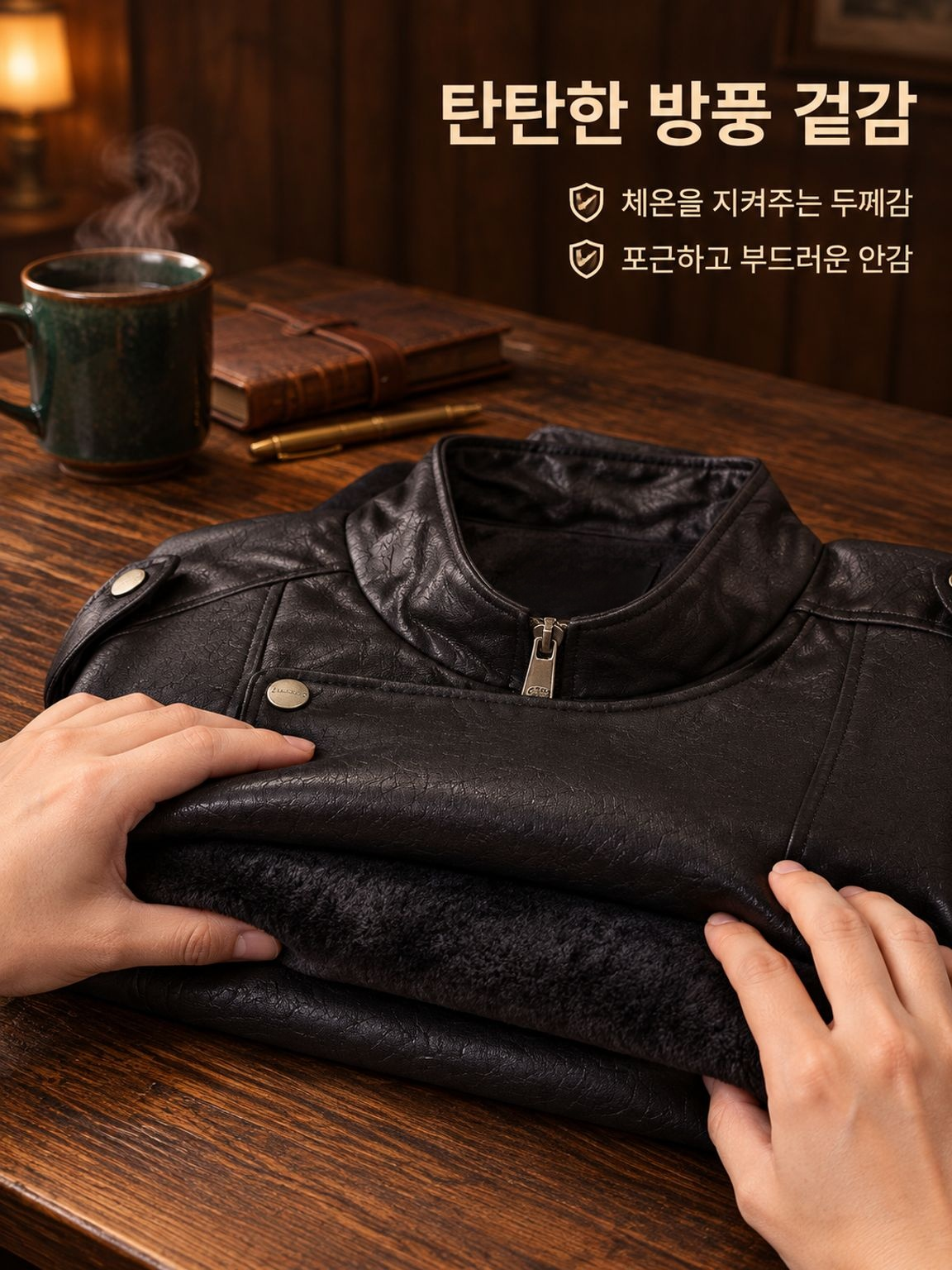 가을 신상 남녀공용 빈티지 카라 PU 레더 라이더 자켓 정면