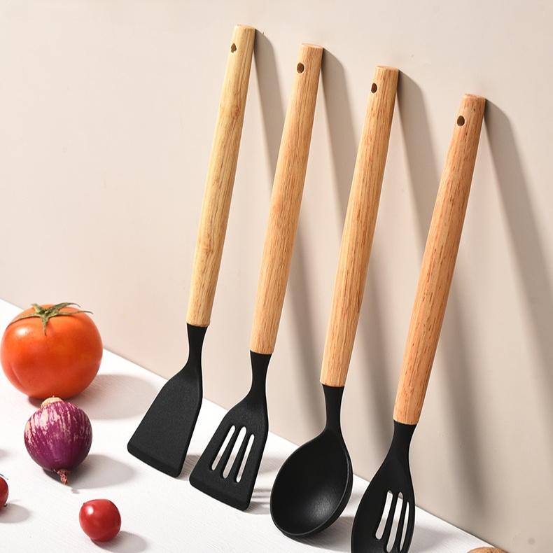 Hochwertiges Silikon-Küchenwerkzeugset mit Holzgriff, hitzebeständig und leicht zu reinigen