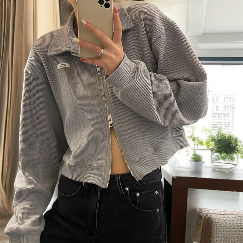 女性用ジッパー付きスポーツワッフルジャケット、春と秋のスタイル、万能カーディガン、学生向けの新しいスタイル、ショートトップス