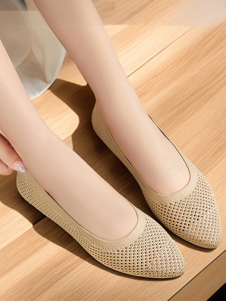 여름 여성 플랫 단화 니트 통기성 펀칭 플랫 단화 솔리드 캐주얼화 컴포트 통기성 단화