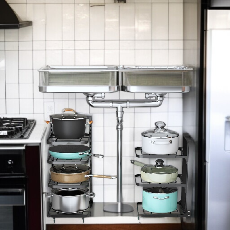 キッチン多段棚高さ調節可能収納棚 フライパンクリップオーガナイザー シンク下コーナー折りたたみキッチンポットラック