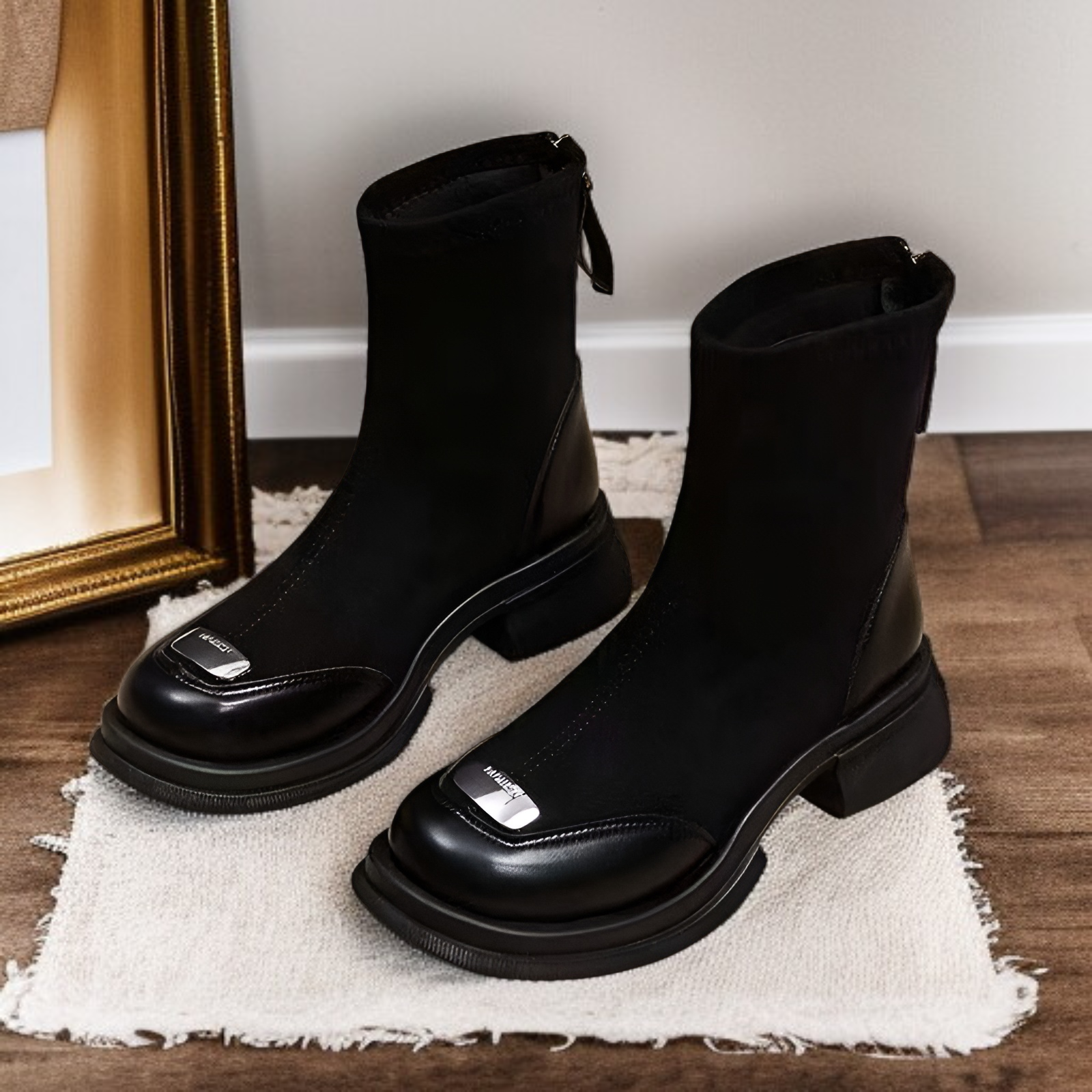 女性用小さめ厚底マーティンブーツ  ハイエンド スキニー ベアブーツ フレンチ 厚底ショートブーツ