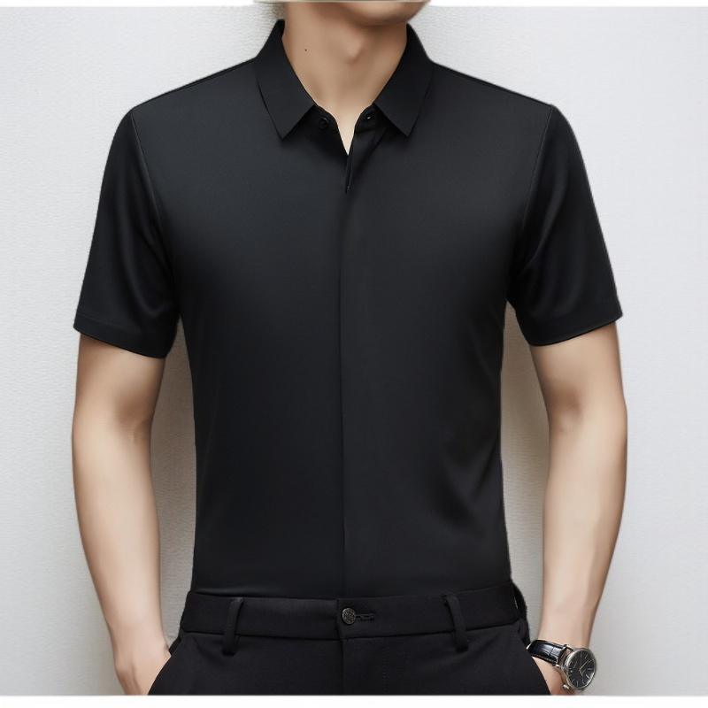 ビジネスメンズファッションシャツ 中年男性用ノンマーキング高弾性アイスシルク半袖シャツ サマーファッション・ビジネスシャツ