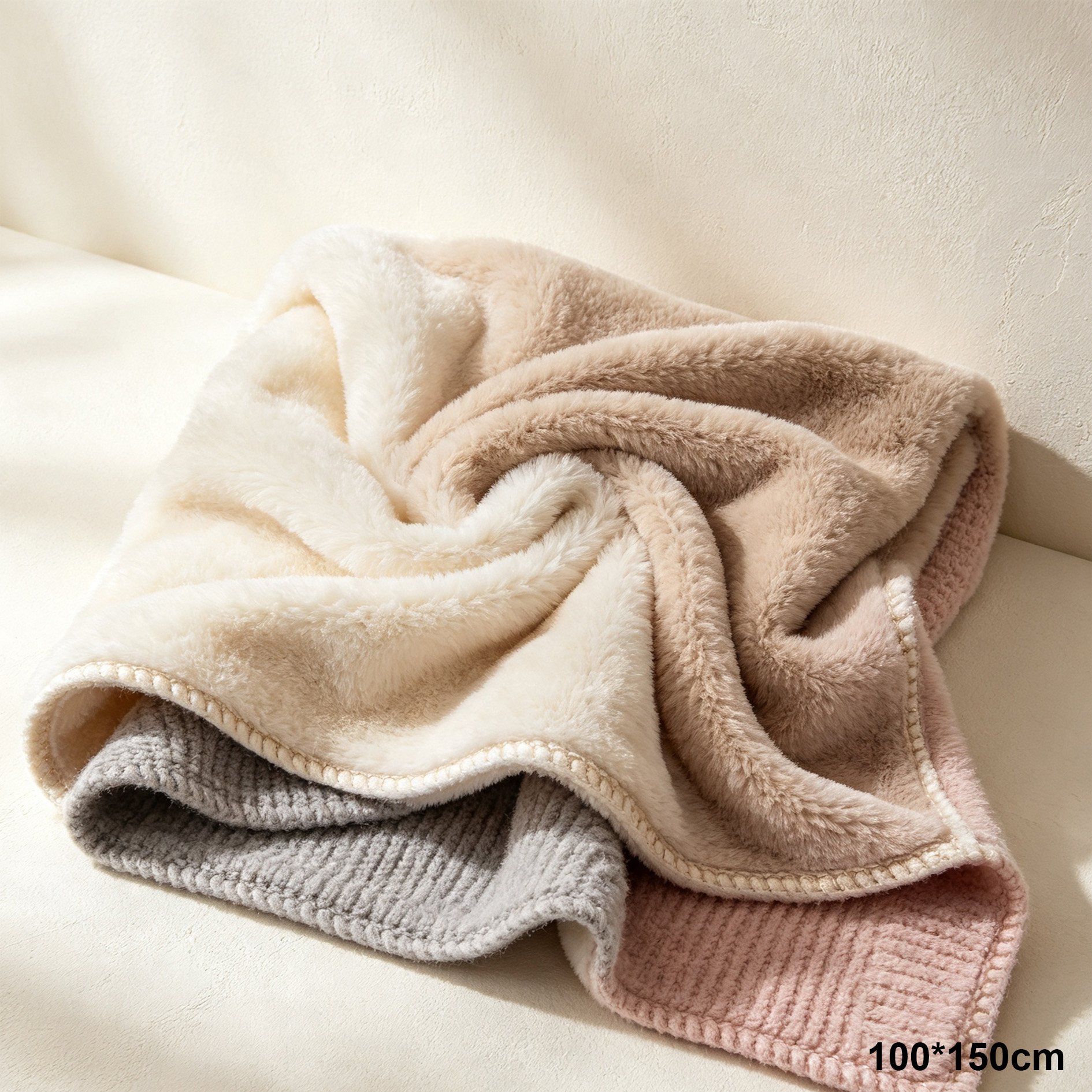 Double-sided blanket folded neatly on bed