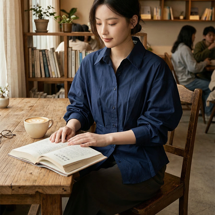 シンプルで着回しやすい、ウエスト絞りギャザーデザインシャツ