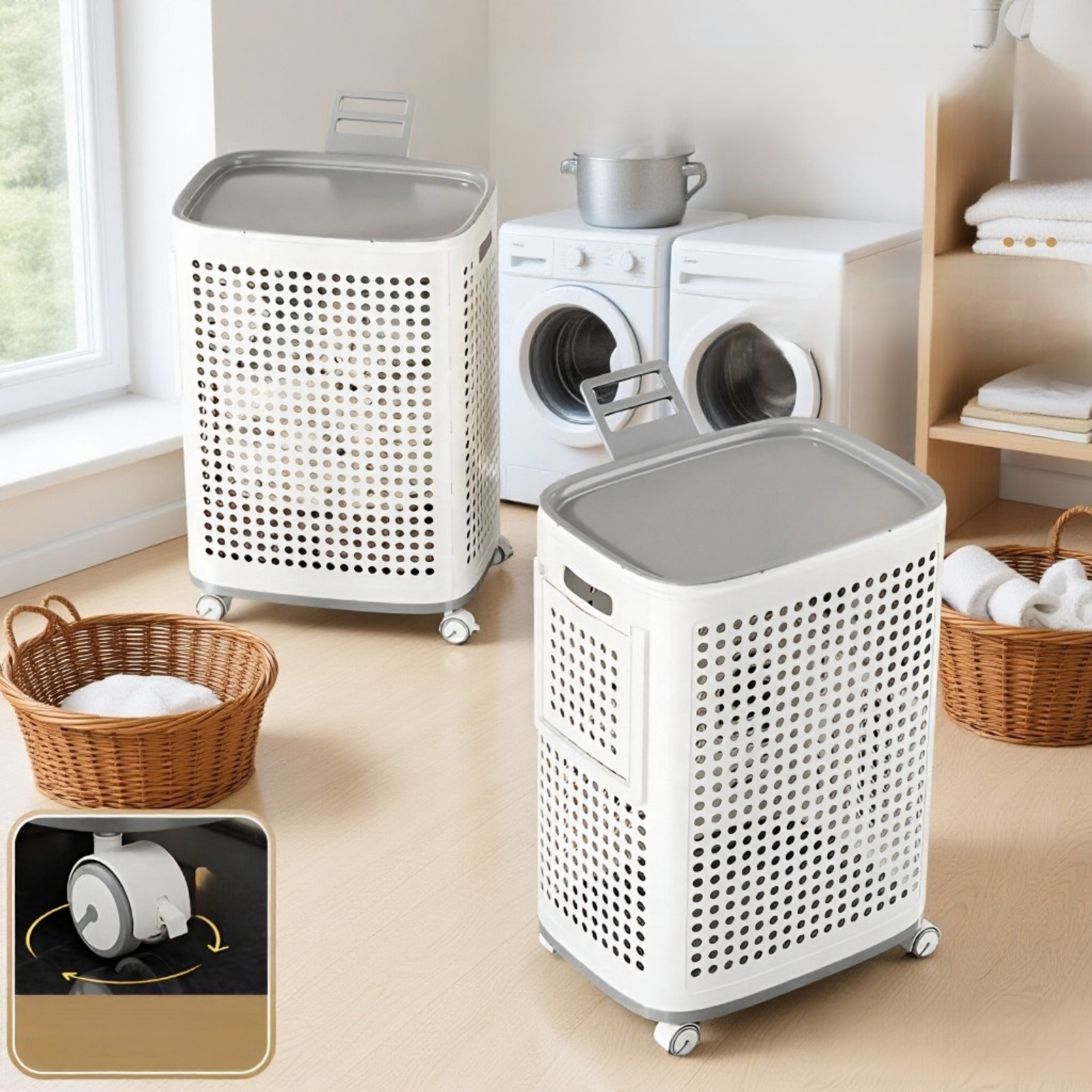 Laundry storage basket placed next to toilet