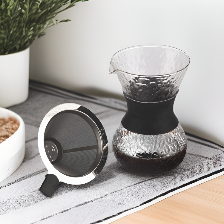 ハンドドリップコーヒーポットセット ハンマー模様ガラス 耐熱 ステンレスフィルター