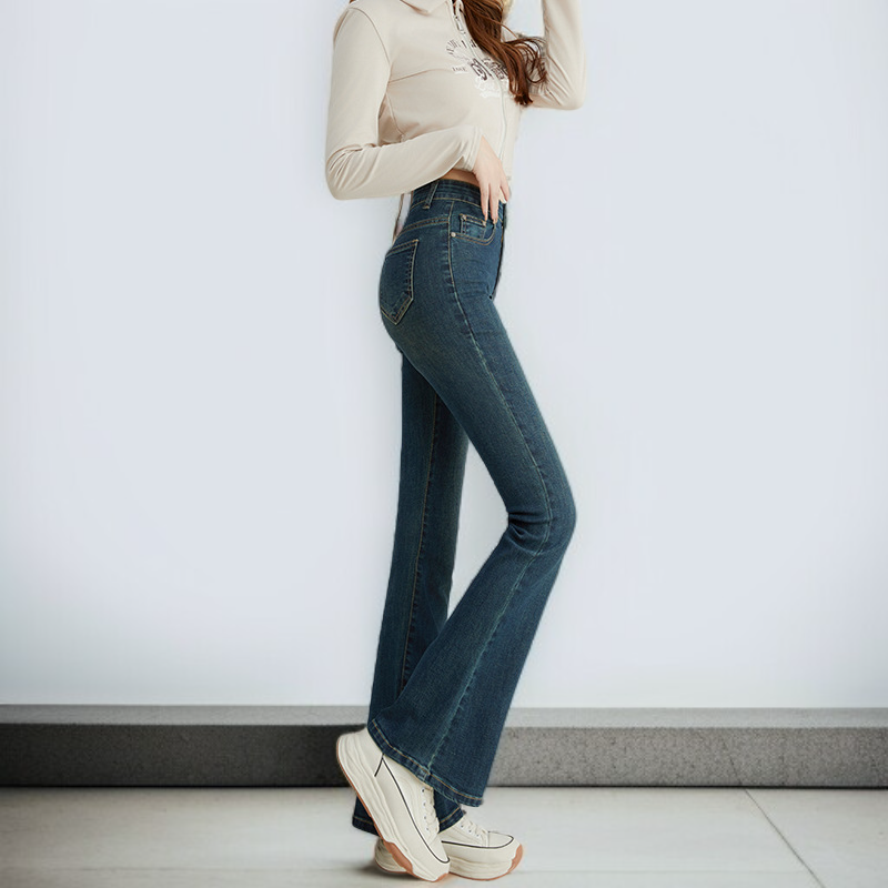 小さめハイウエストワイドジーンズ女性春春スリム細めマイクロフレアワイドパンツ