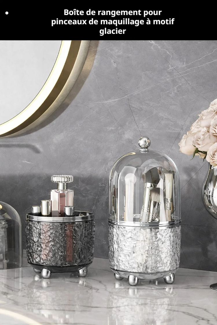 Boîte de rangement à pinceaux de maquillage rotative transparente sur bureau