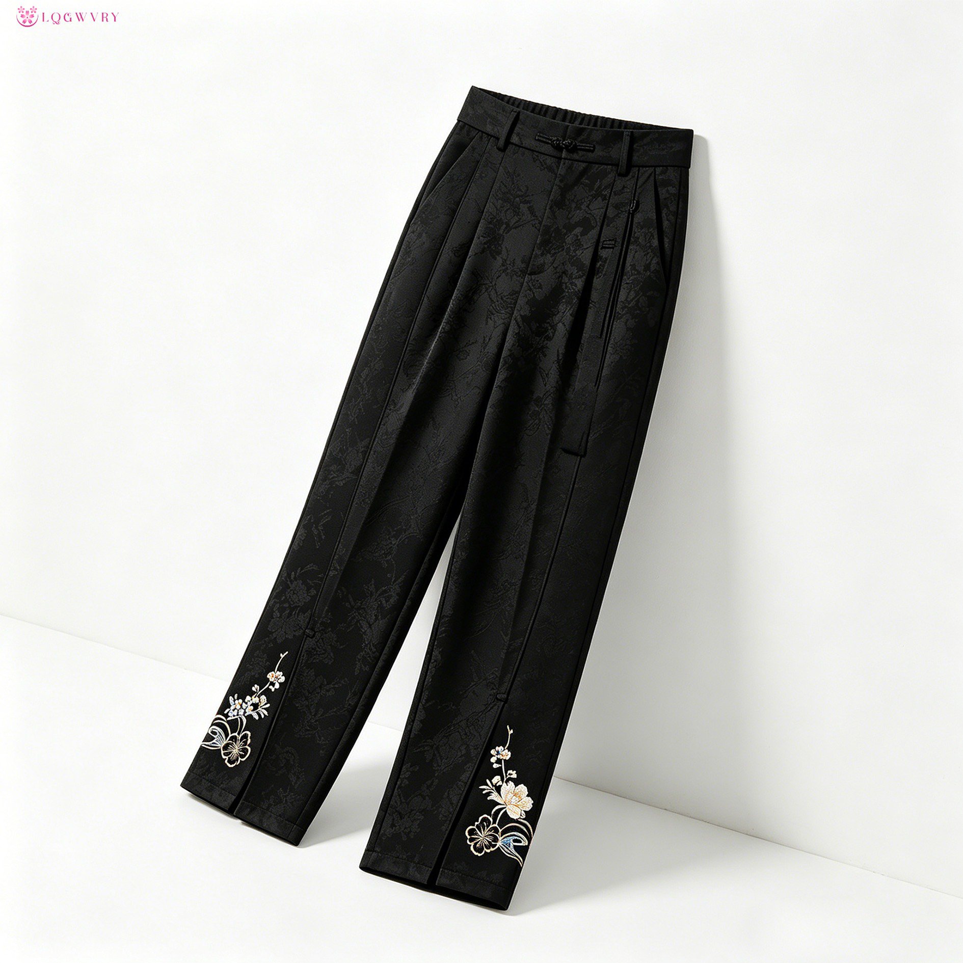 黒のジャカード織りストレートレッグパンツ