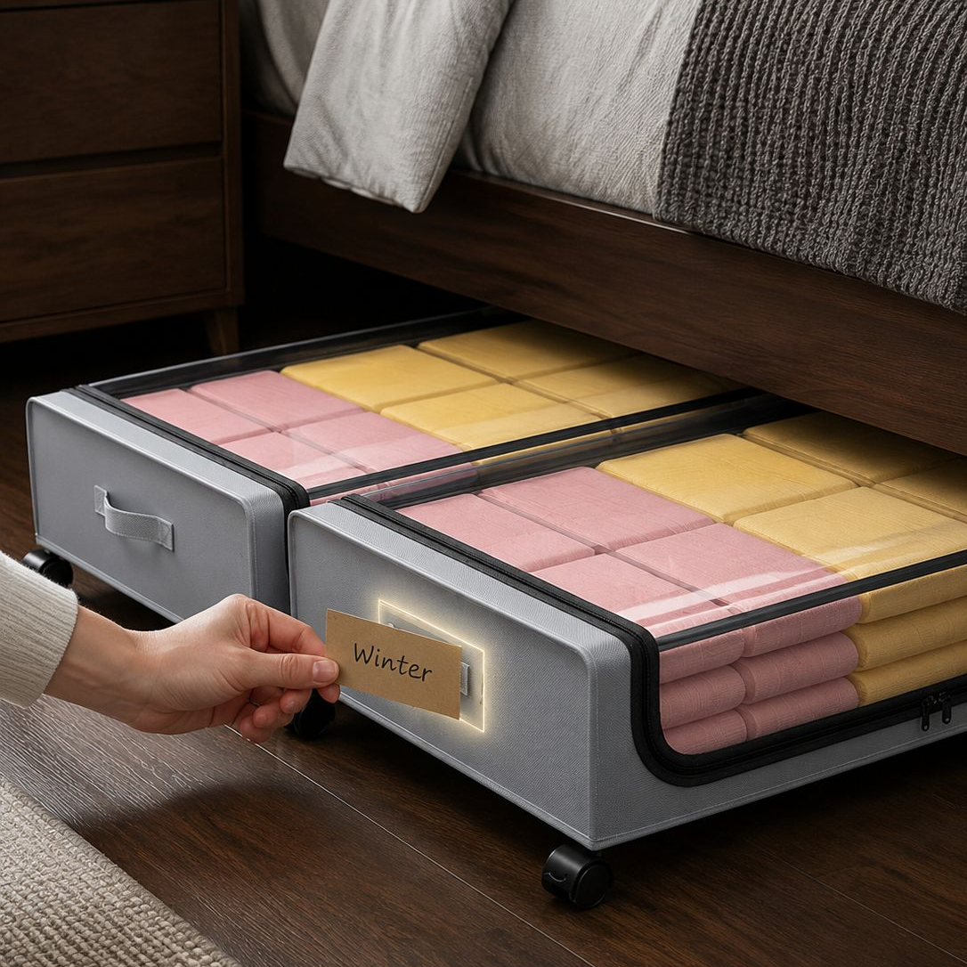 Unterbett-Faltbox mit Rollen und Deckel