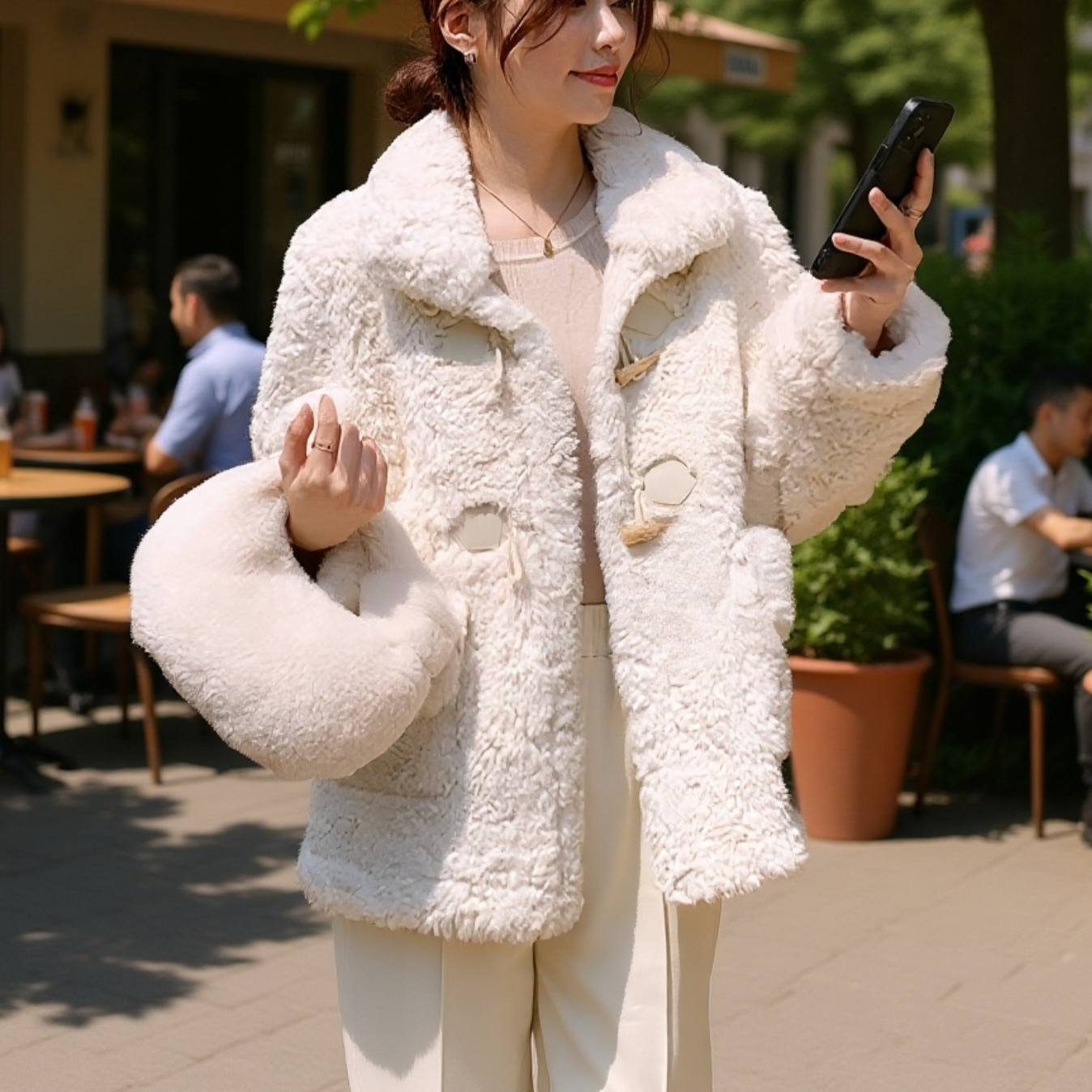 Őszi-téli női műbőr kabát, szarvasgombás gombokkal, vastag, meleg, báránygyapjú béléssel