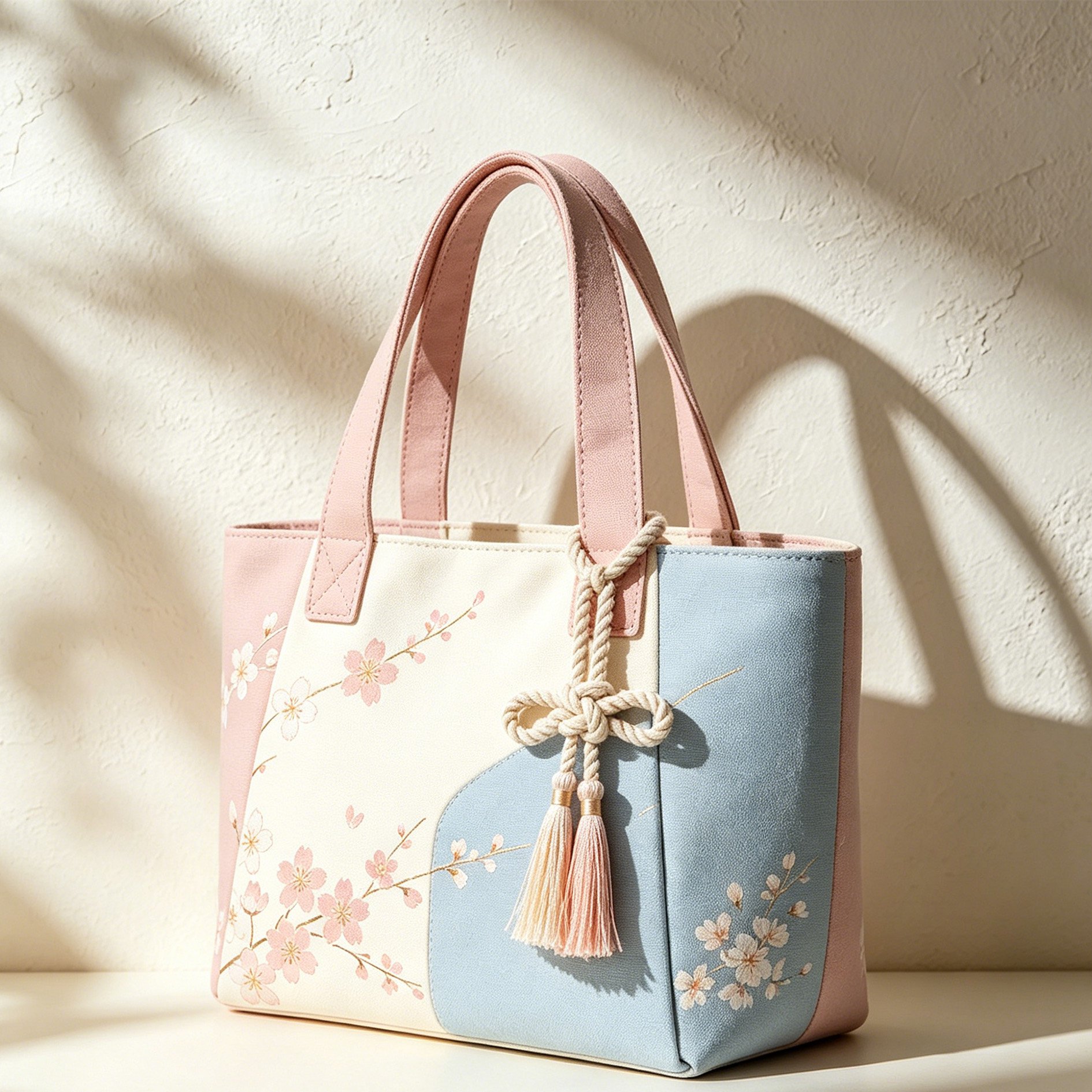 桜の刺繍入り 3トーン切り替えキャンバストートバッグ（フェミニン・スタイル）