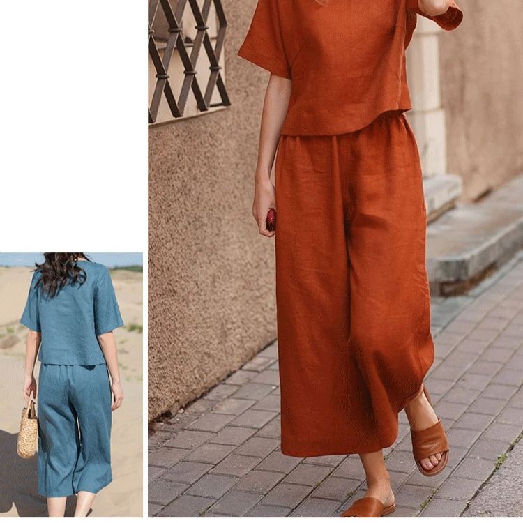 유럽과 미국 스타일 여성용 린넨 캐주얼 루즈핏 솔리드 투피스