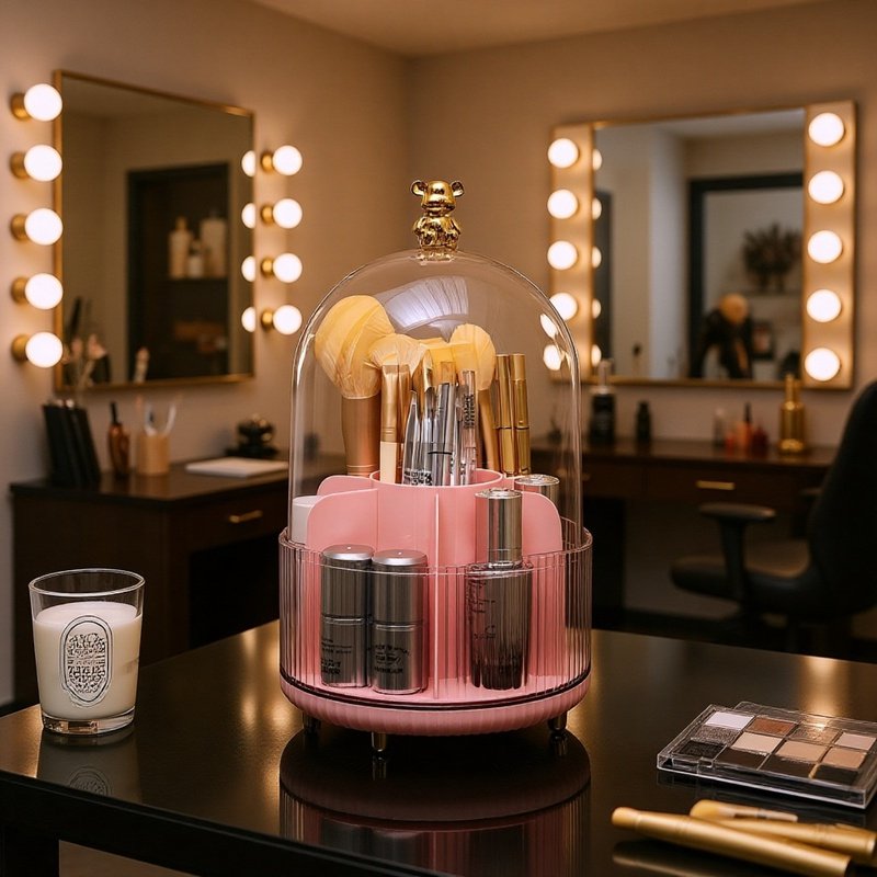 Vista frontal del organizador de maquillaje con compartimentos