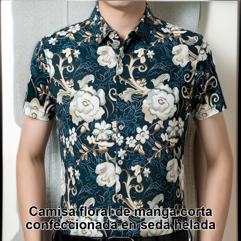 Camisa floral de manga corta de seda helada, no requiere planchado.