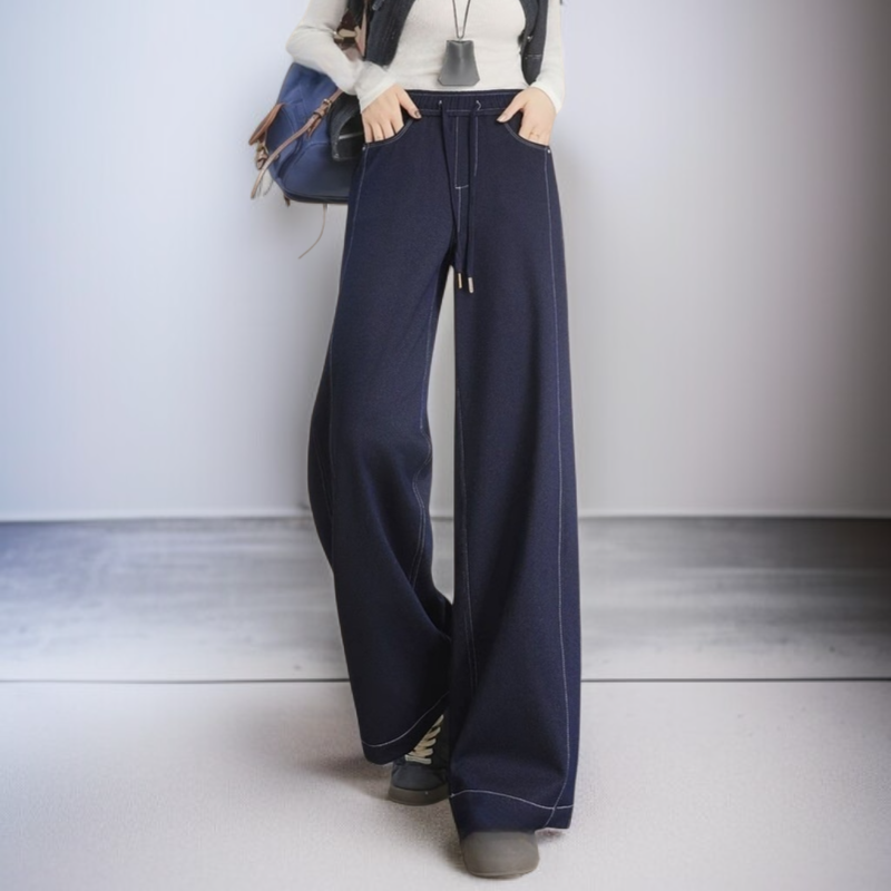 여성용 스트레치 니트 와이드 레그 진