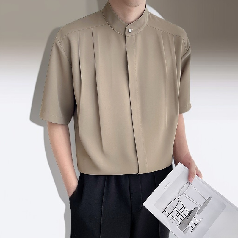 여름 아이스 실크 스탠딩 칼라 미디움 슬리브 남성 셔츠