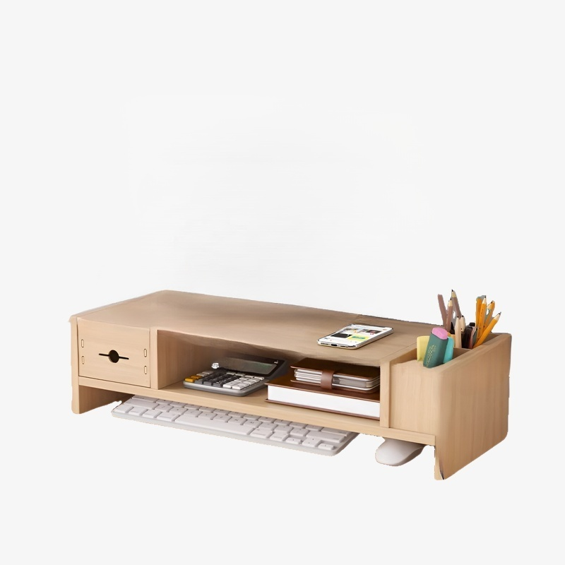 Ergonomic Wooden Monitor Riser with Drawer & Keyboard Storage Space-saving Desk Organizer