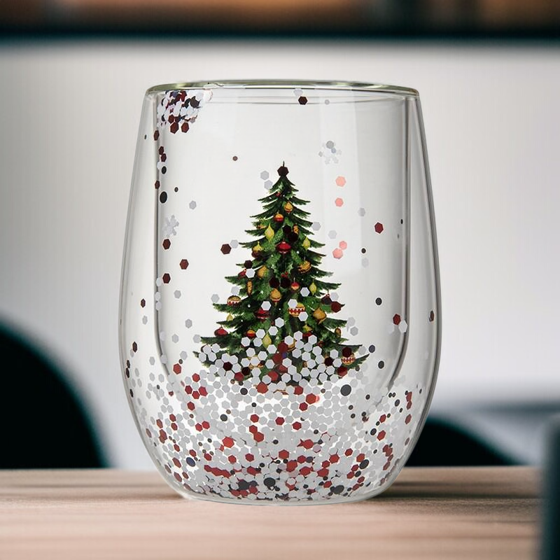 Weihnachtsbaum-Glasbecher mit doppelter Wand und beweglichen Pailletten