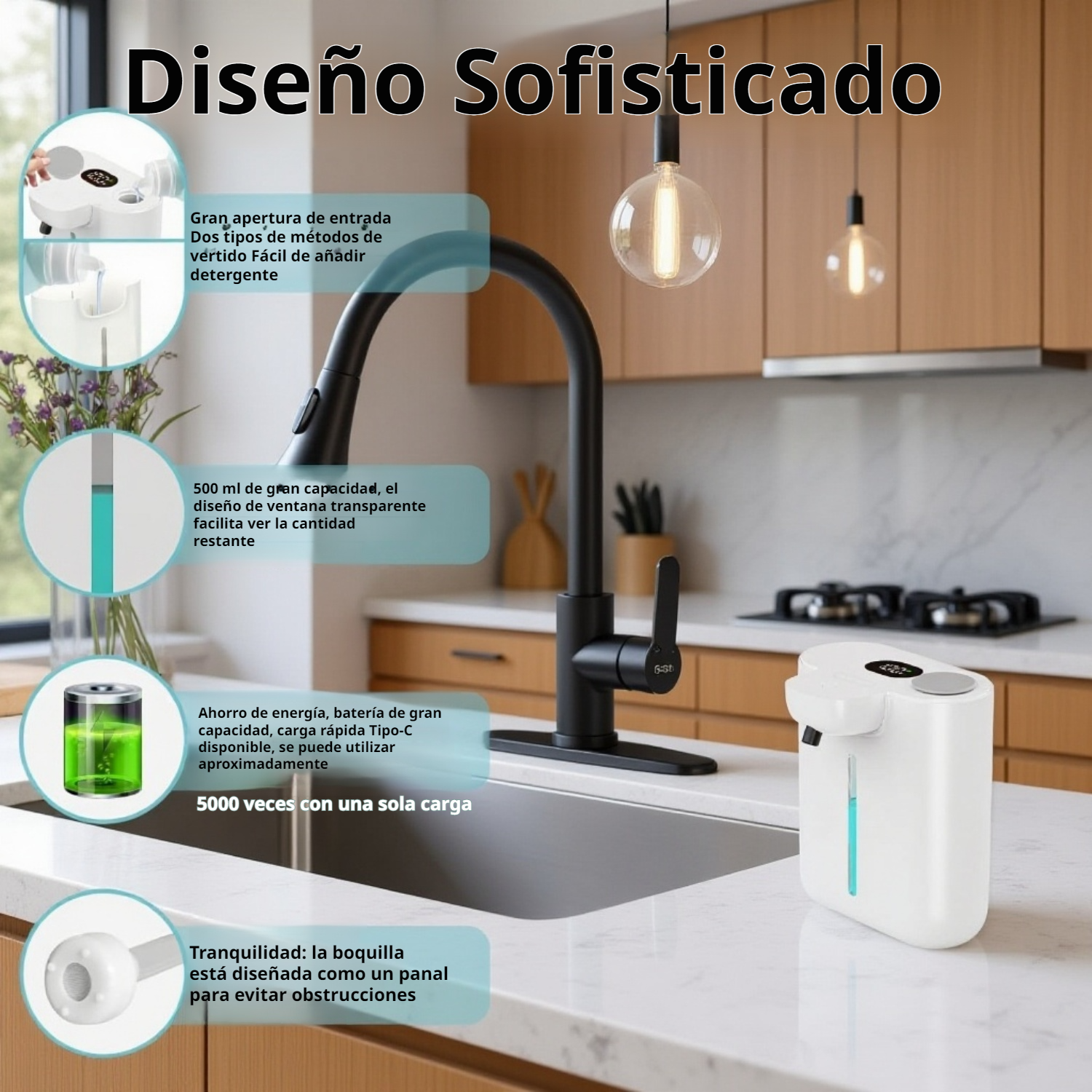 Vista lateral del dispensador de jabón recargable con espuma ajustable