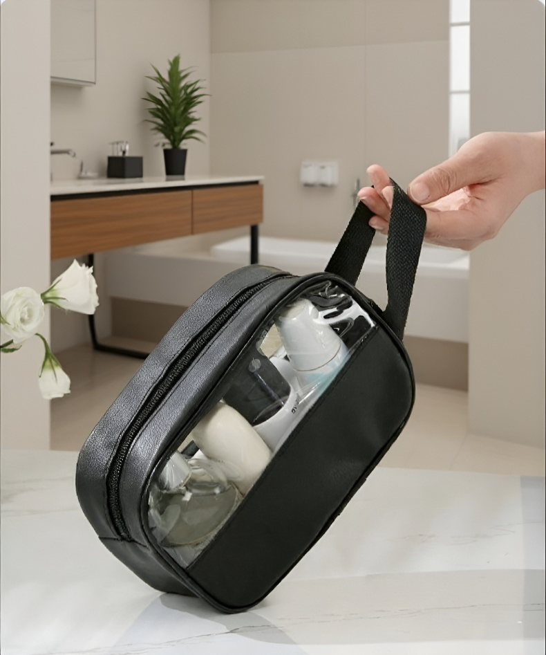 여러 가지 색상의 투명 세면 파우치