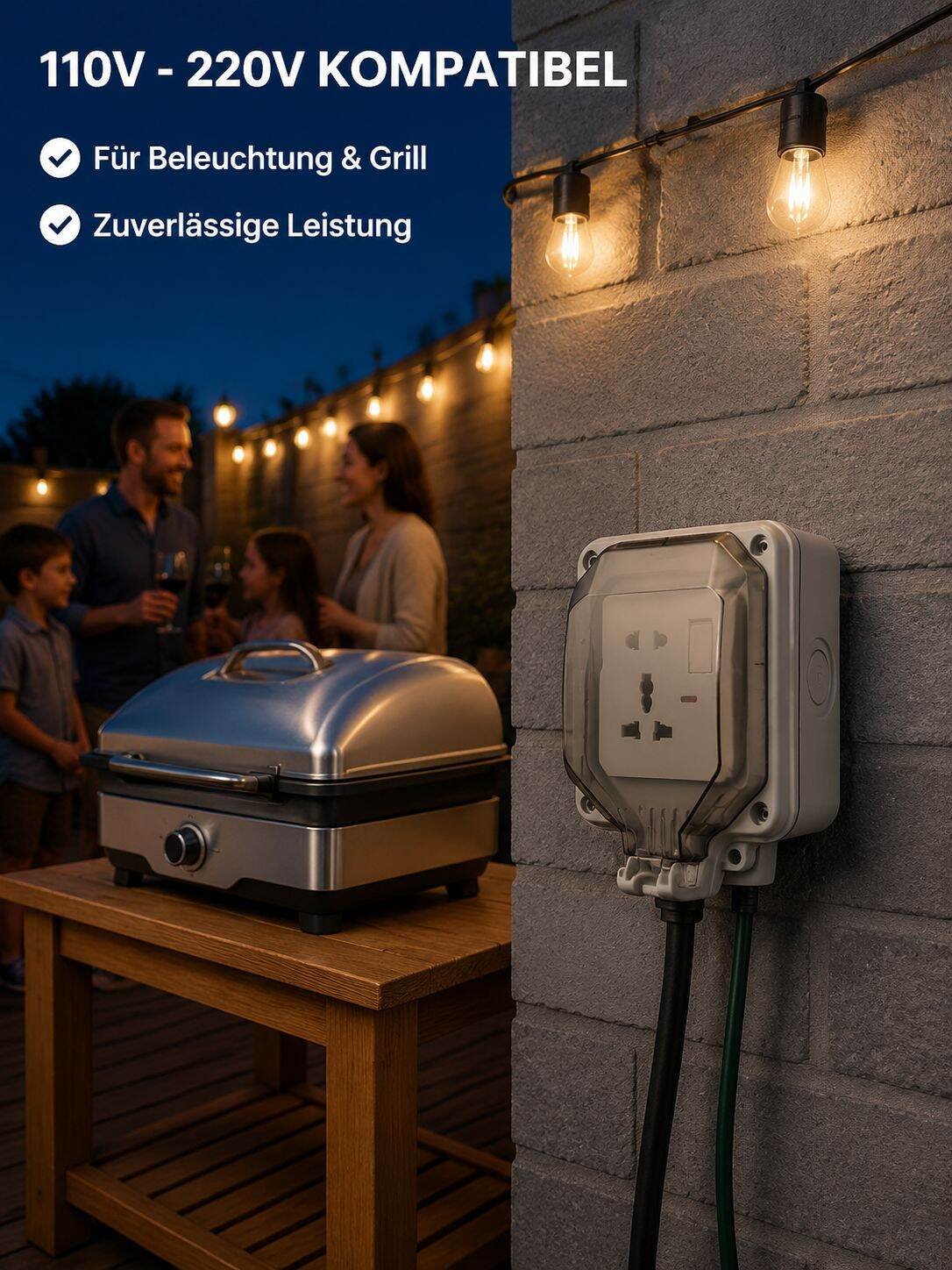 Multifunktionale wasserdichte Außensteckdose, 5-fach mit Schalter, geeignet für 110V/220V