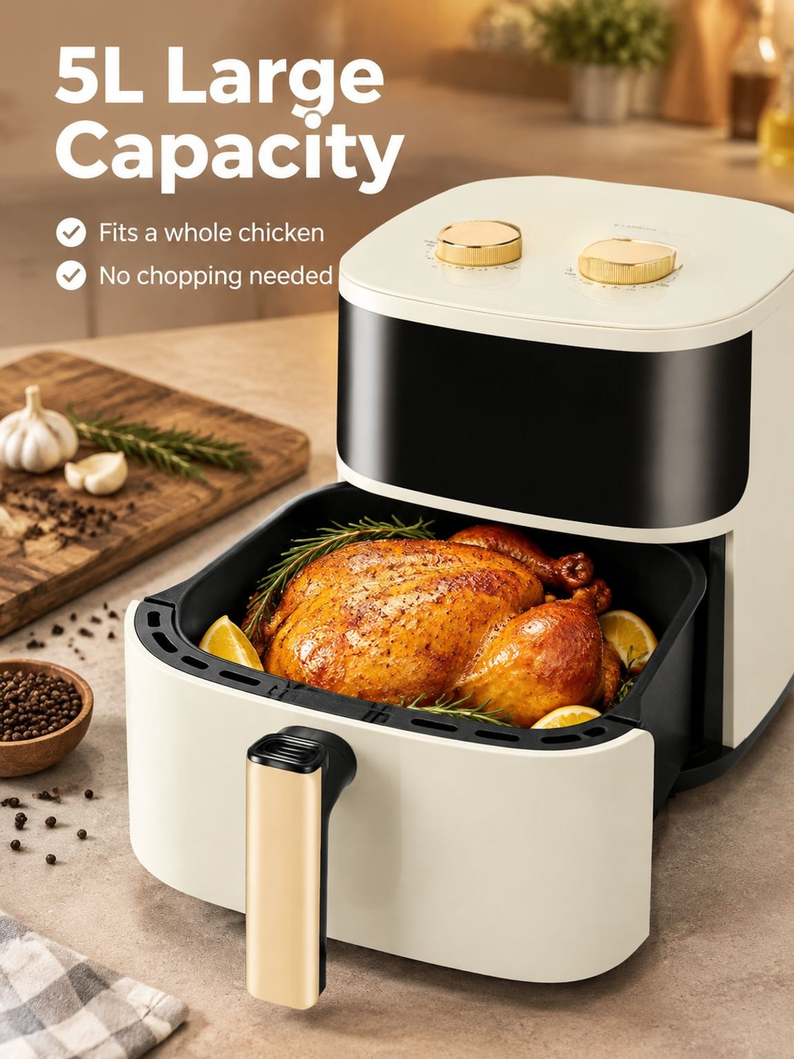 Air fryer basket holding freshly cooked crispy food
