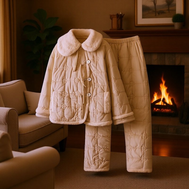 ファーカラーのベージュの厚手の冬用パジャマ、3層キルティングコットンセット、コーラルフリースの暖かいホームウェア