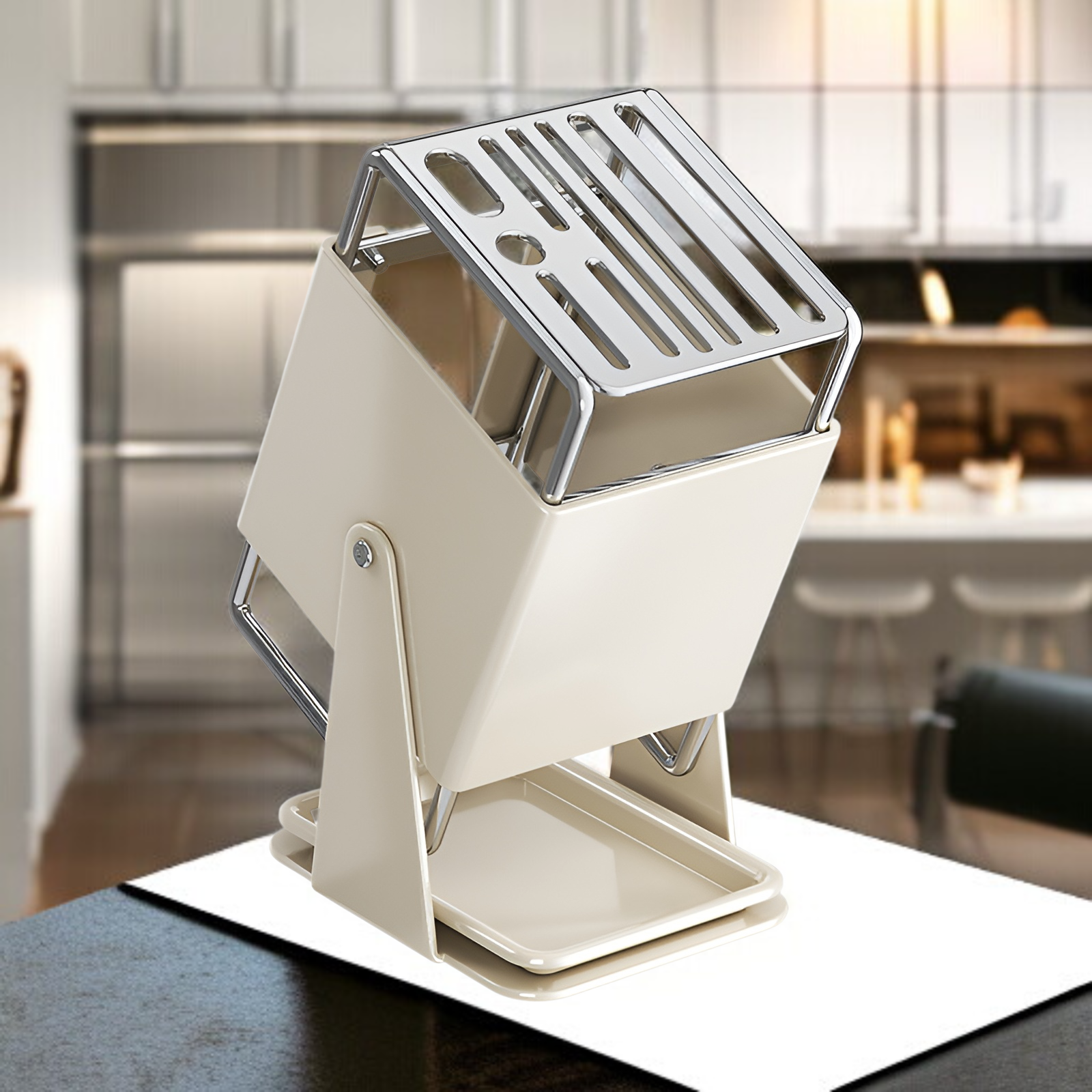 キッチンカウンタートップ回転式ナイフラックオープン家庭用収納ラック水トレイ付き新スタイル収納キッチンナイフラック