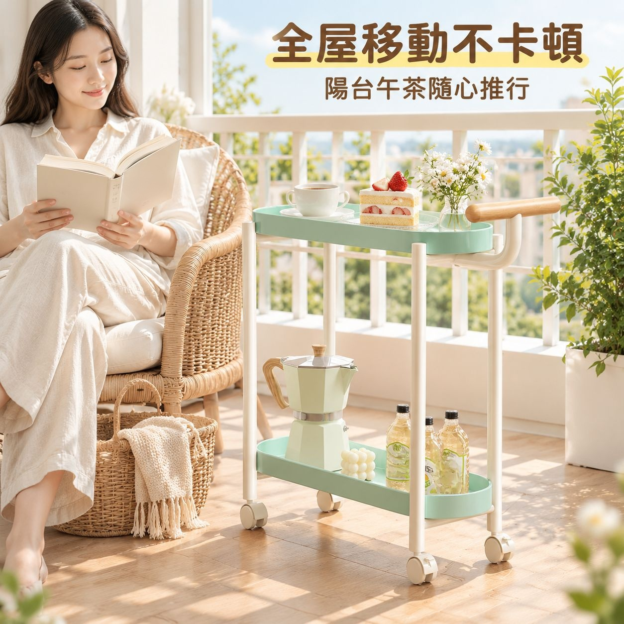 奶油風可移動邊几小推車帶輪置物架臥室床頭櫃客廳迷你茶几收納架
