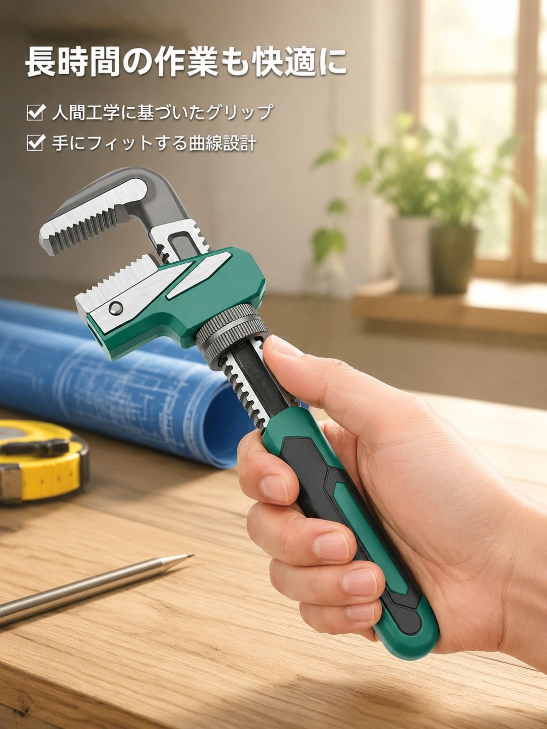 耐久性の高いYH密着型パイプレンチの素材アップ