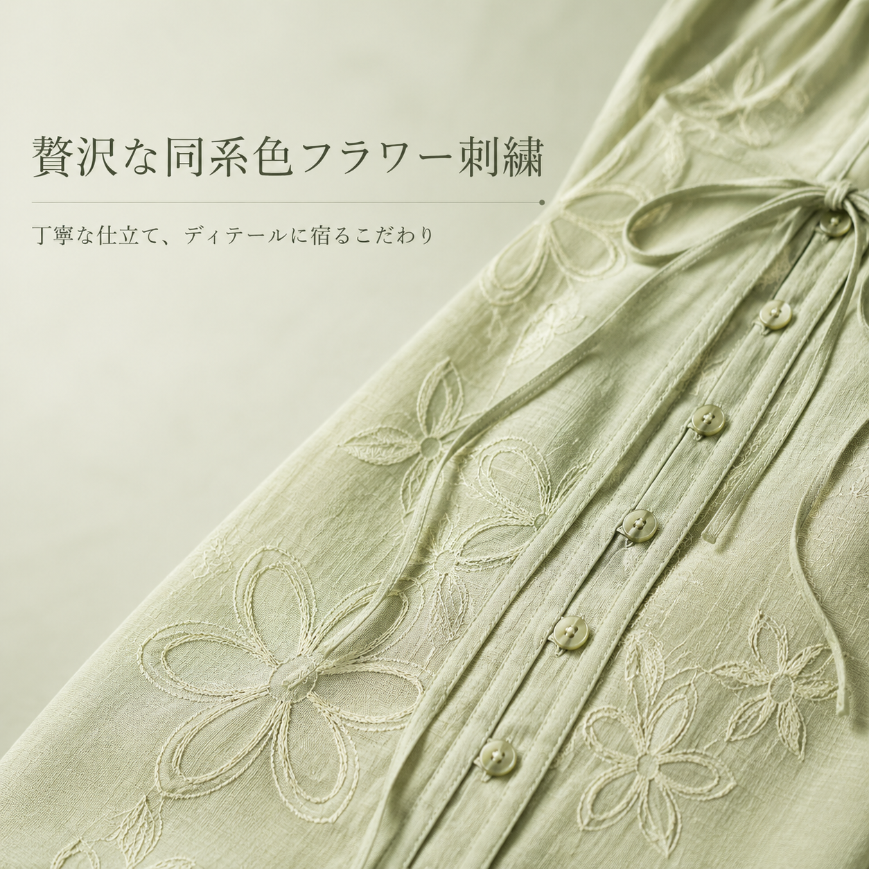 フレンチグリーン小花柄バルーンスリーブ刺繍リボン付きシャツ春夏新作