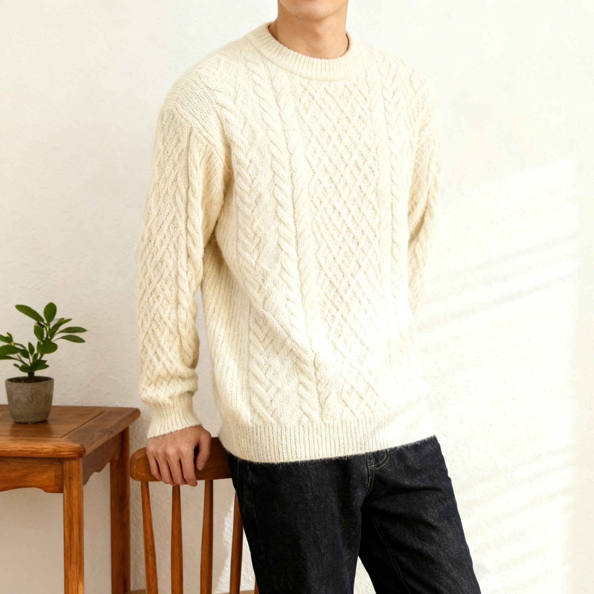 남성 라운드넥 꽈배기 니트