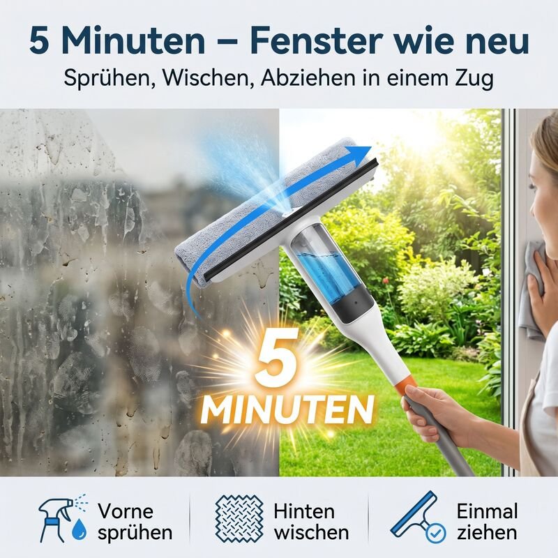 Effizientes Fensterreinigungsset mit Wasserstrahl (inklusive Ersatzbezügen und Abziehern)