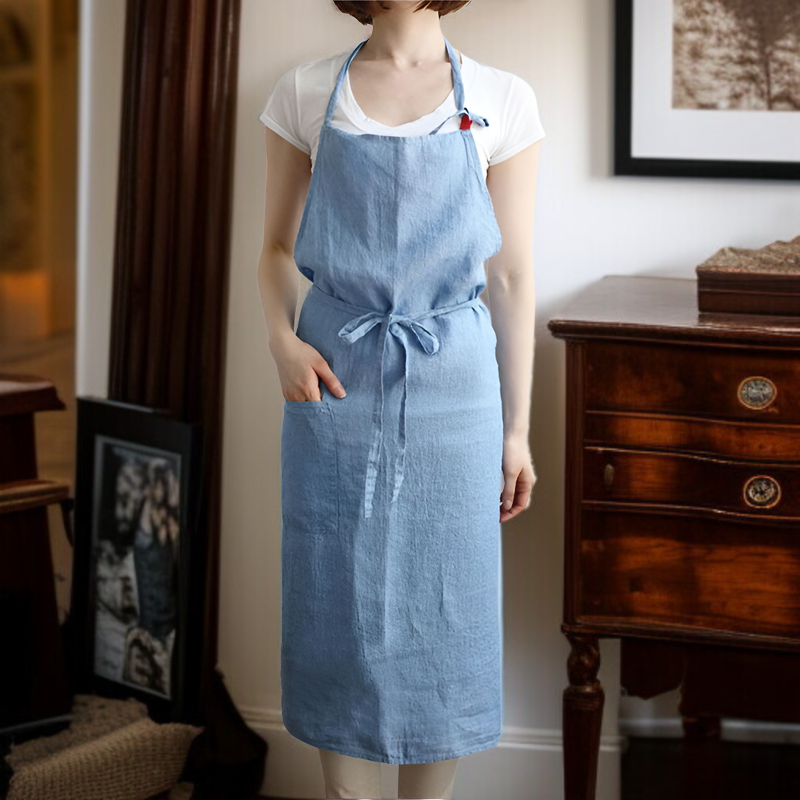 エプロン 首掛け リネン カフェ風 シンプル おしゃれ ナチュラル 首掛け リネン カフェ風 シンプル おしゃれ ナチュラル 北欧風 無地 おしりが隠れる ポケット付き 男女兼用