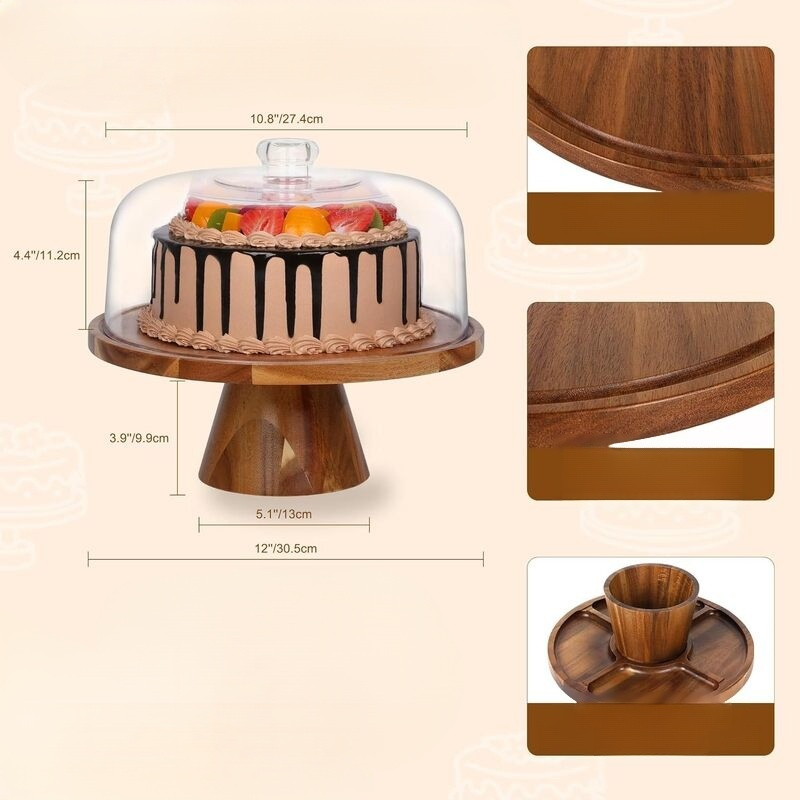 Bandeja de pastel de madera con pie alto y cubierta