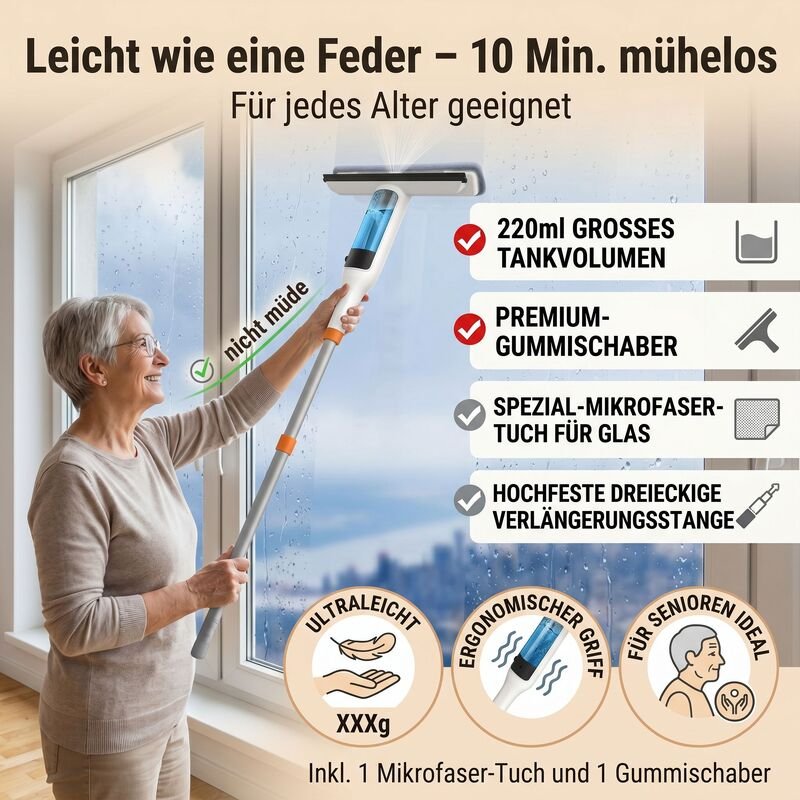 Effizientes Fensterreinigungsset mit Wasserstrahl (inklusive Ersatzbezügen und Abziehern)