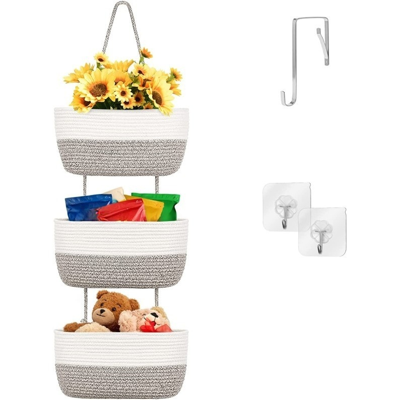 三層掛籃棉繩編織收納筐