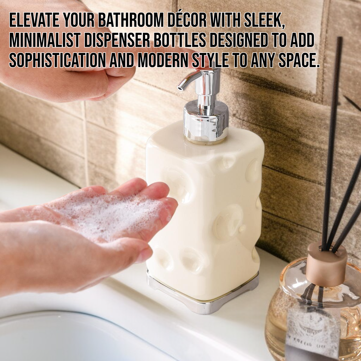 Minimalist and sophisticated bathroom hand soap and shower gel dispenser bottles