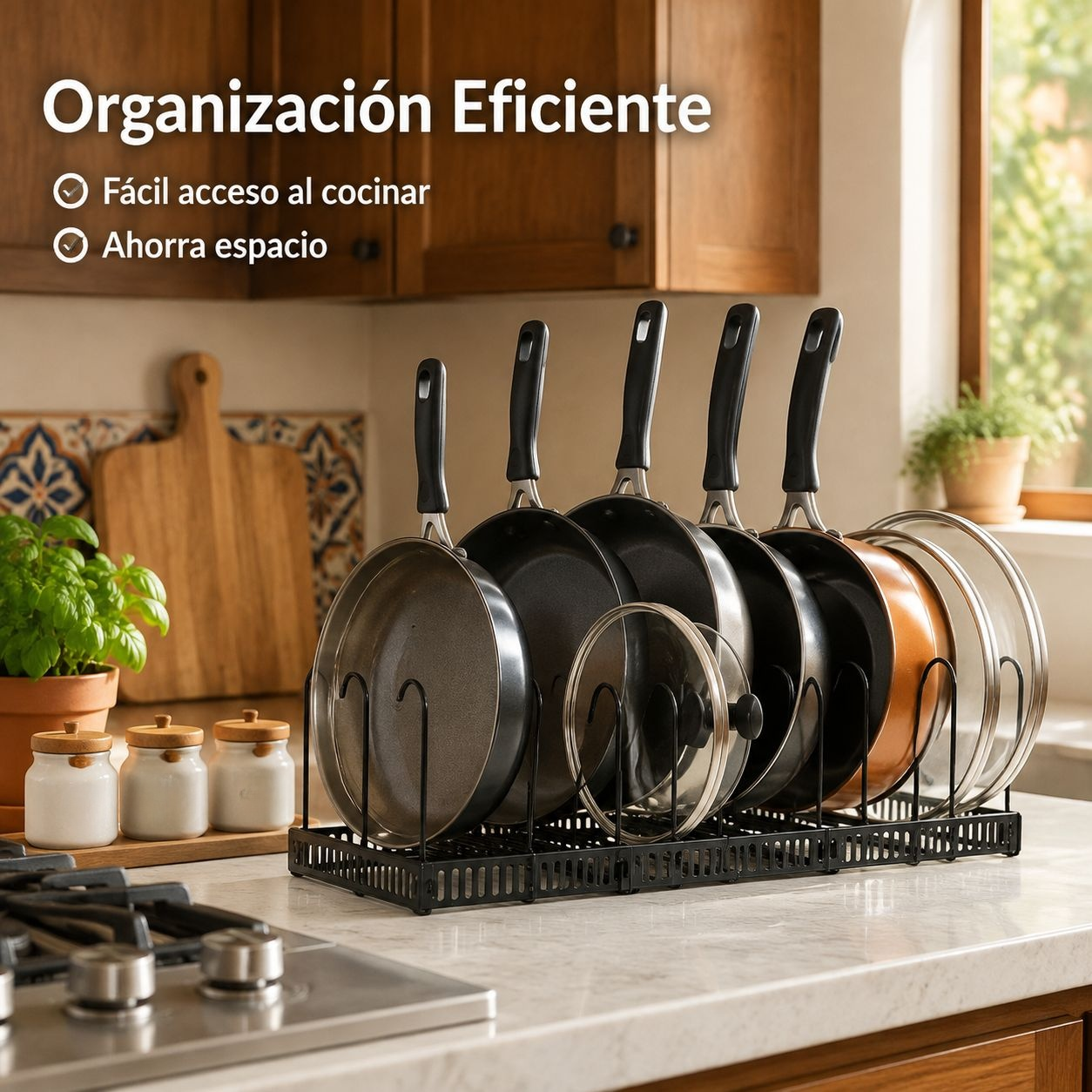 Estante organizador ajustable para sartenes y tapas, multifuncional