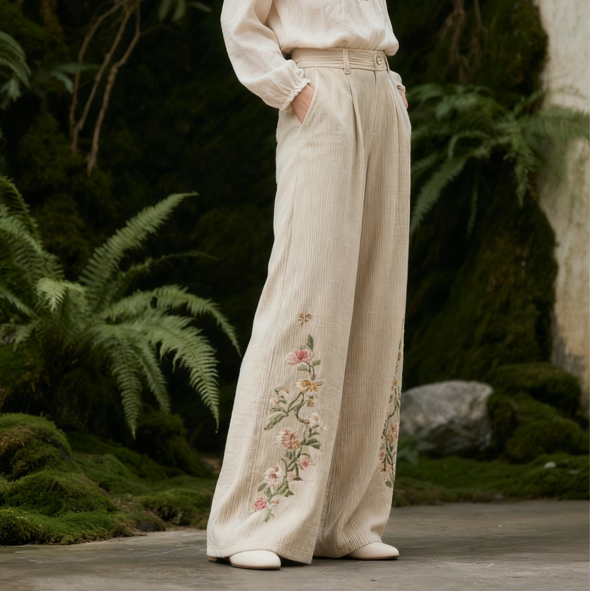 여성 자수 캐주얼 바지