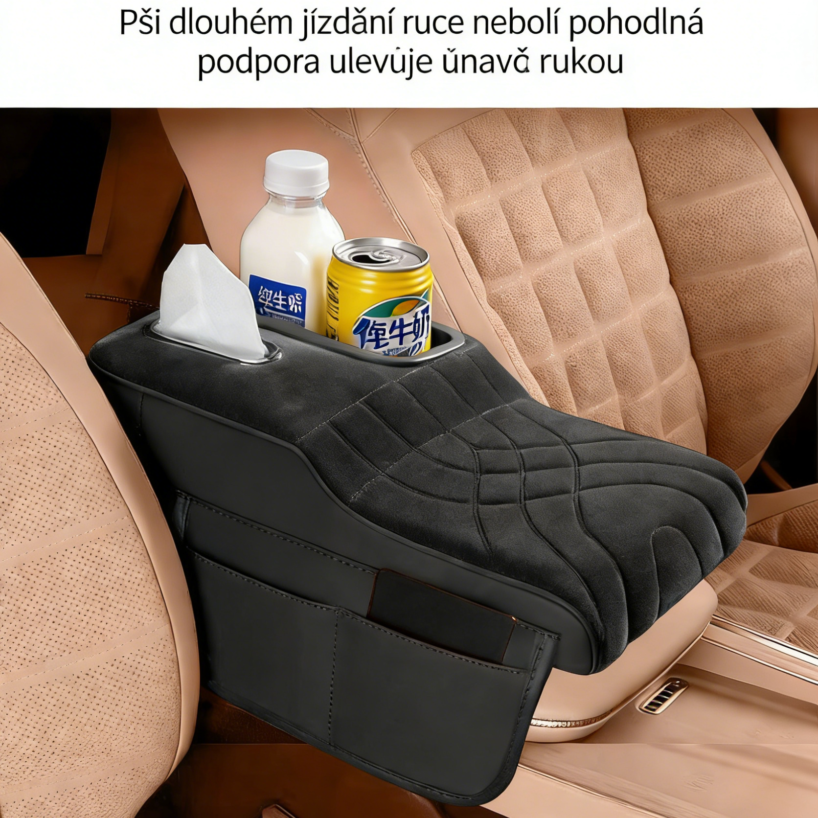 Multifunkční box na kapesníky do auta s úložným prostorem a držákem na nápoje