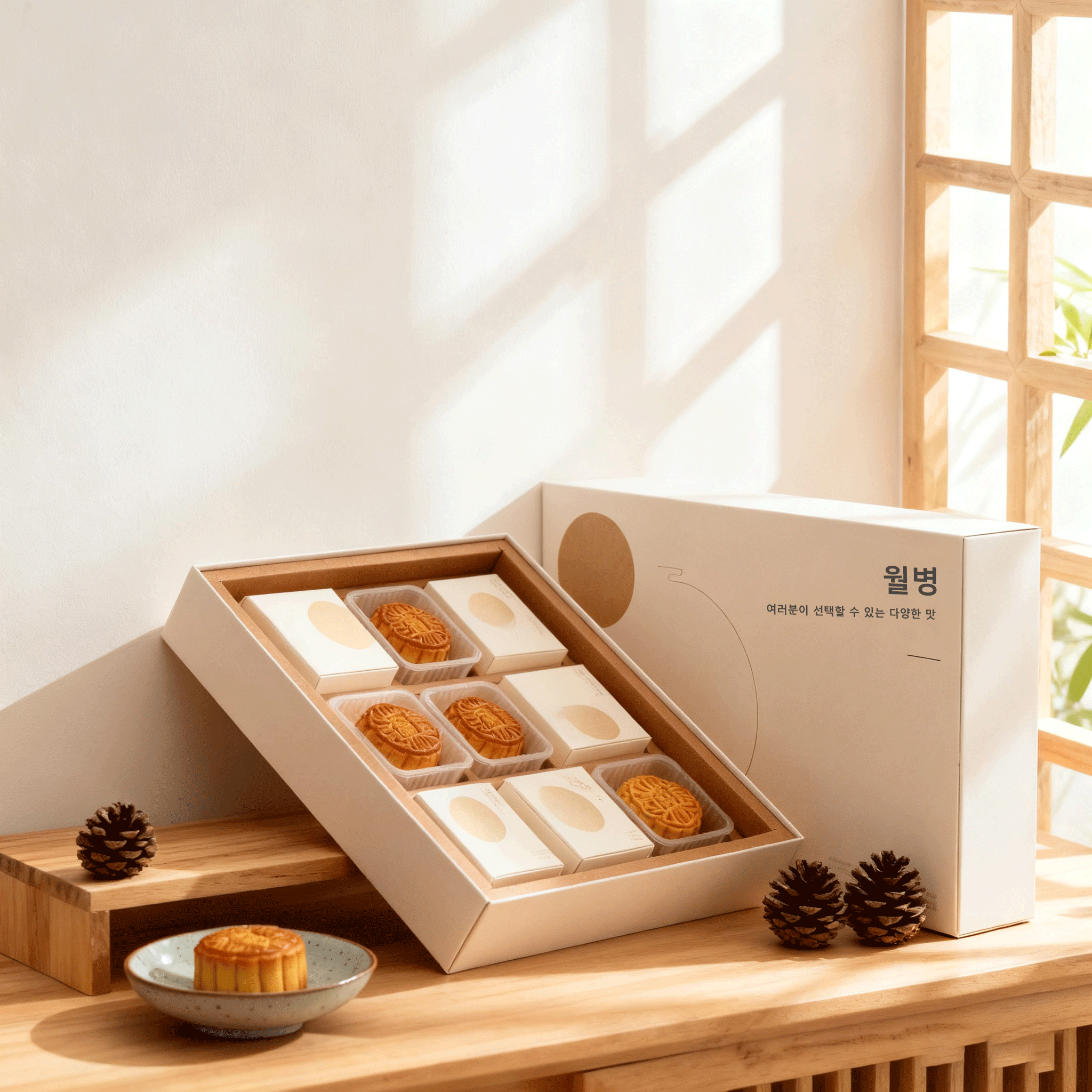 다양한 맛의 월병이 진열된 이미지