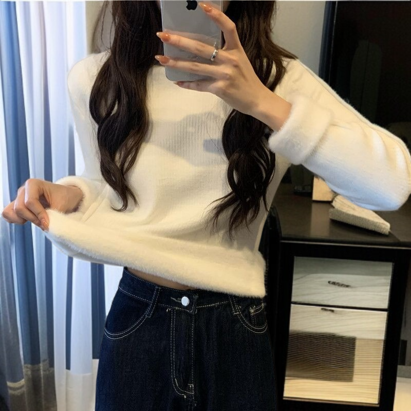 中わた入り厚手ニットレディース長袖ワンピースフリーストップス秋冬ボトムスシャツハーフハイネックニットソー