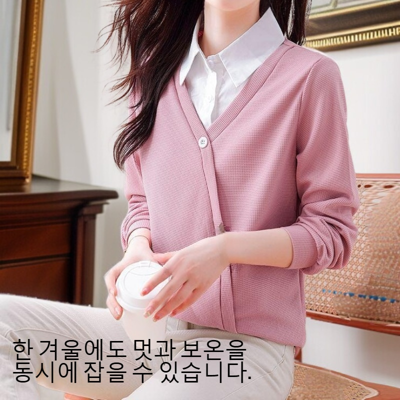 여성 셔츠 터틀넥 접합 와프거 긴팔 가짜 긴팔 두 벌