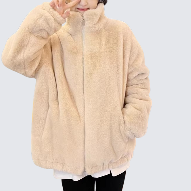 寬鬆仿兔毛立領毛絨外套