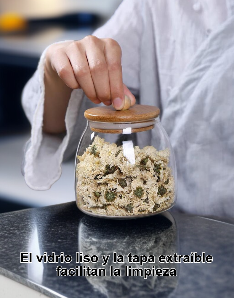 Recipiente para té de vidrio transparente con tapa de bambú