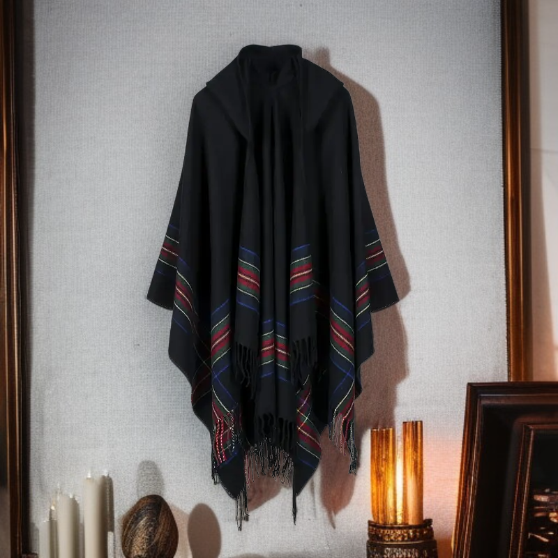 대형 스코틀랜드 체크 후드 캐주얼 두꺼운 술 카디건 망토