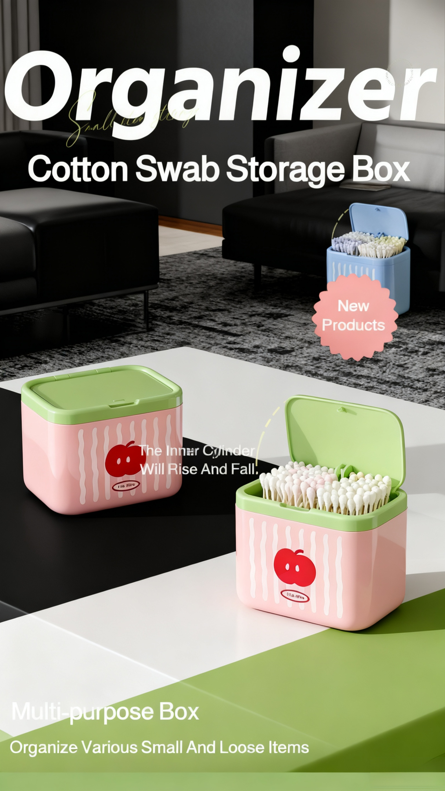 Automatic lifting cotton swab box on bathroom counter